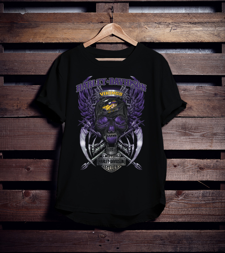 Harley Davidson Vikings Motor Cycles Minnesota Skull Wings T-Shirt