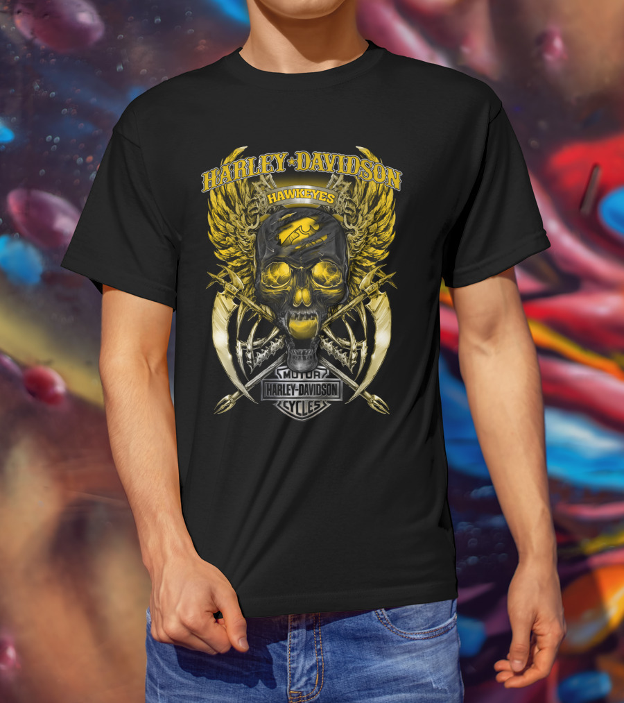Harley Davidson Hawkeyes Motor Cycles Skull T-Shirt
