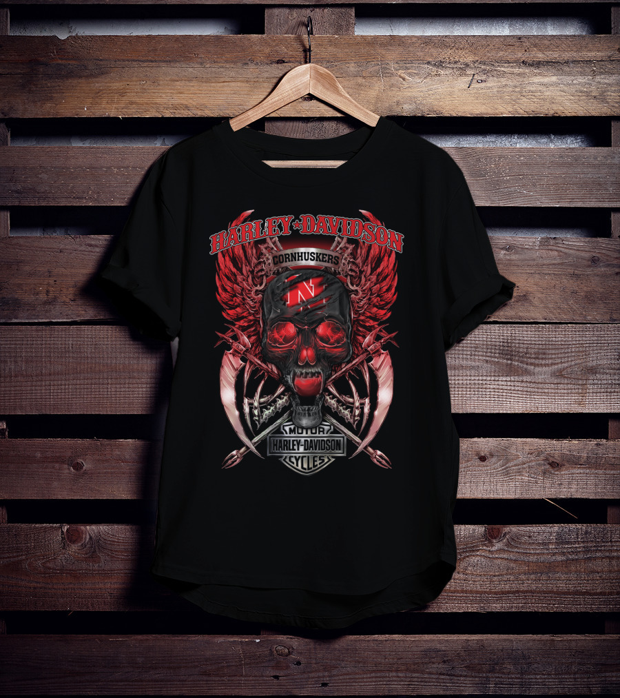 Harley Davidson Nebraska Cornhuskers N Skull Wings T-Shirt