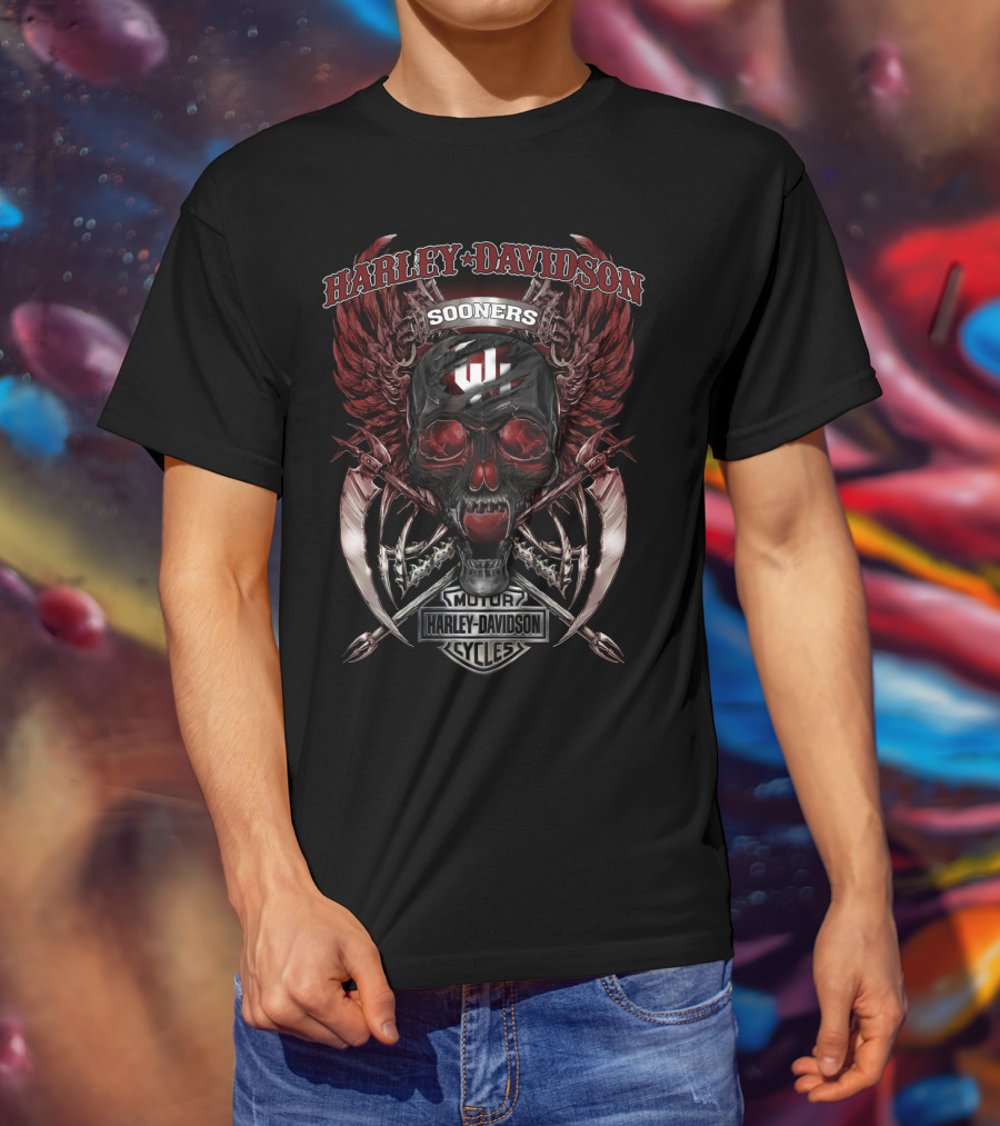Harley Davidson Sooners Motor Cycles Skull Wings T-Shirt