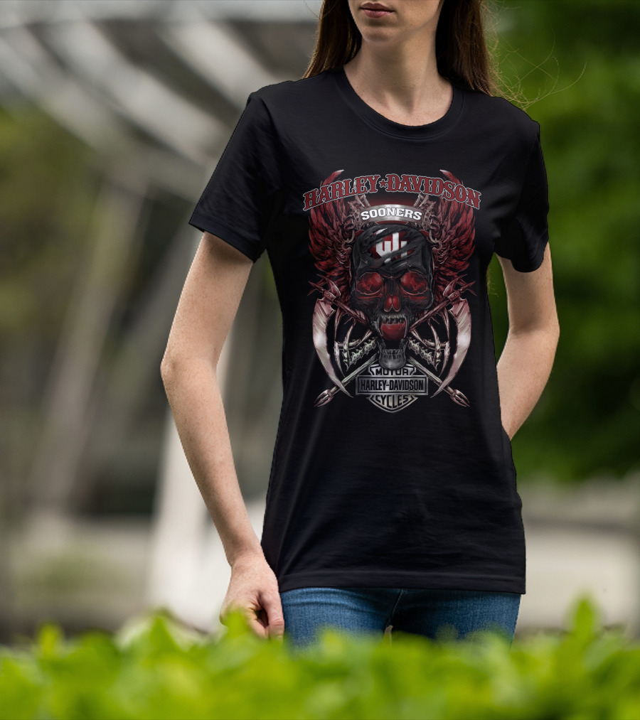 Harley Davidson Sooners Motor Cycles Skull Wings T-Shirt