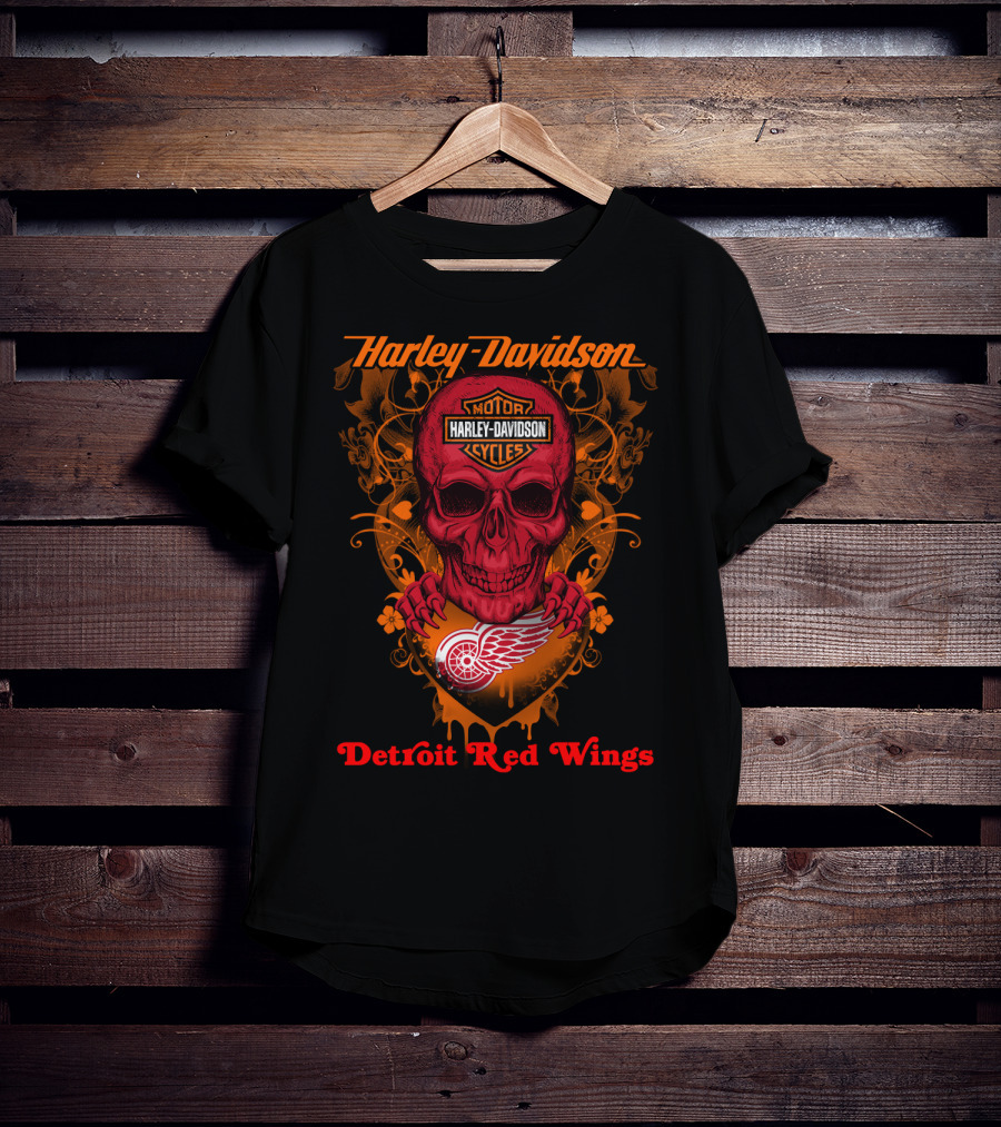 Harley Davidson Motor Cycles Skull Detroit Red Wings T-Shirt