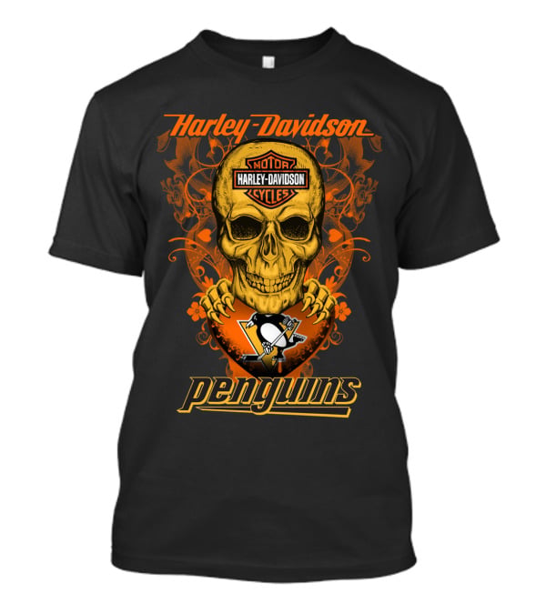 Harley Davidson Motor Cycles Skull Penguins Nhl Pittsburgh T-Shirt