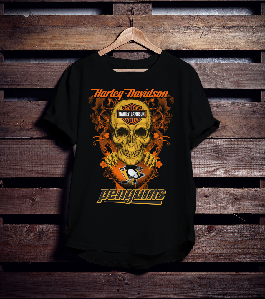 Harley Davidson Motor Cycles Skull Penguins Nhl Pittsburgh T-Shirt