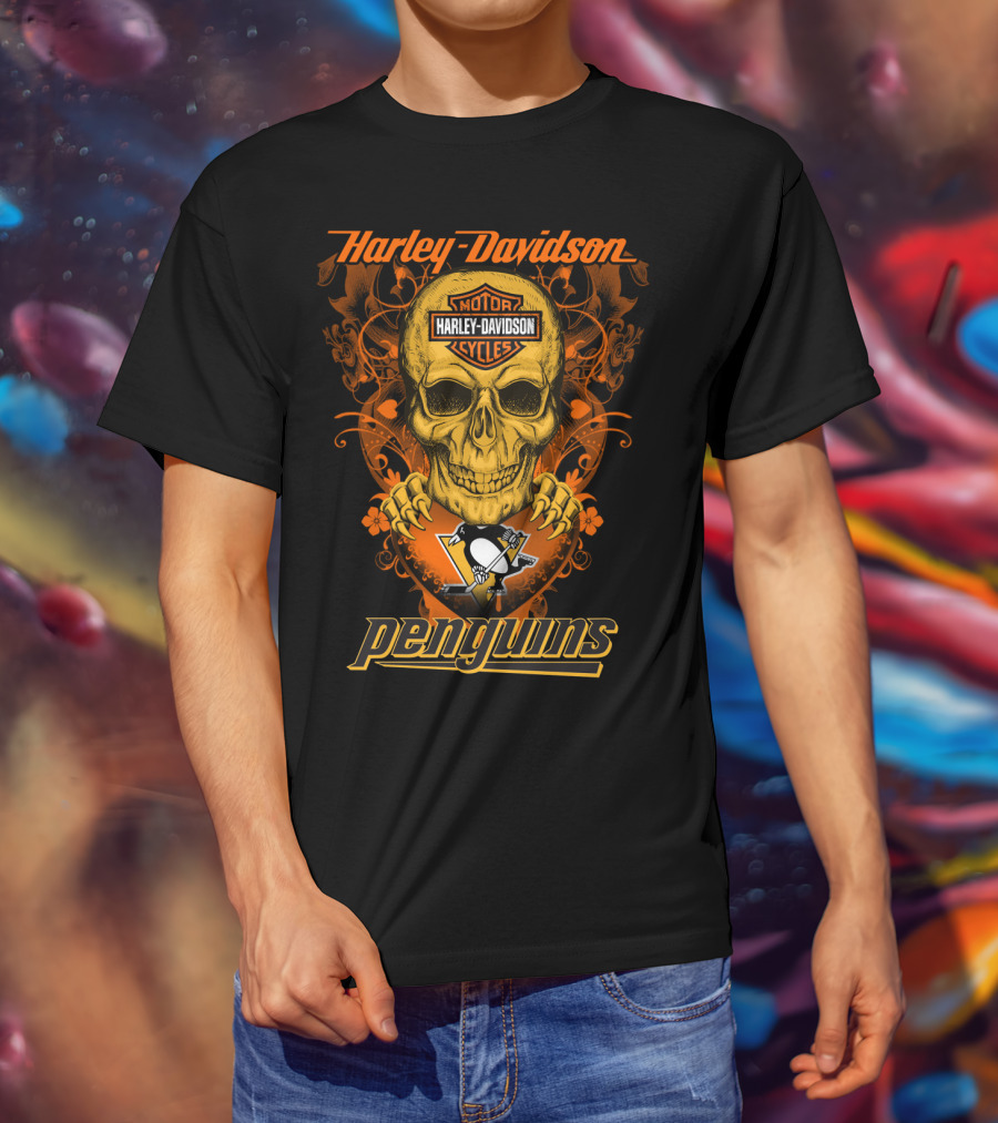Harley Davidson Motor Cycles Skull Penguins Nhl Pittsburgh T-Shirt