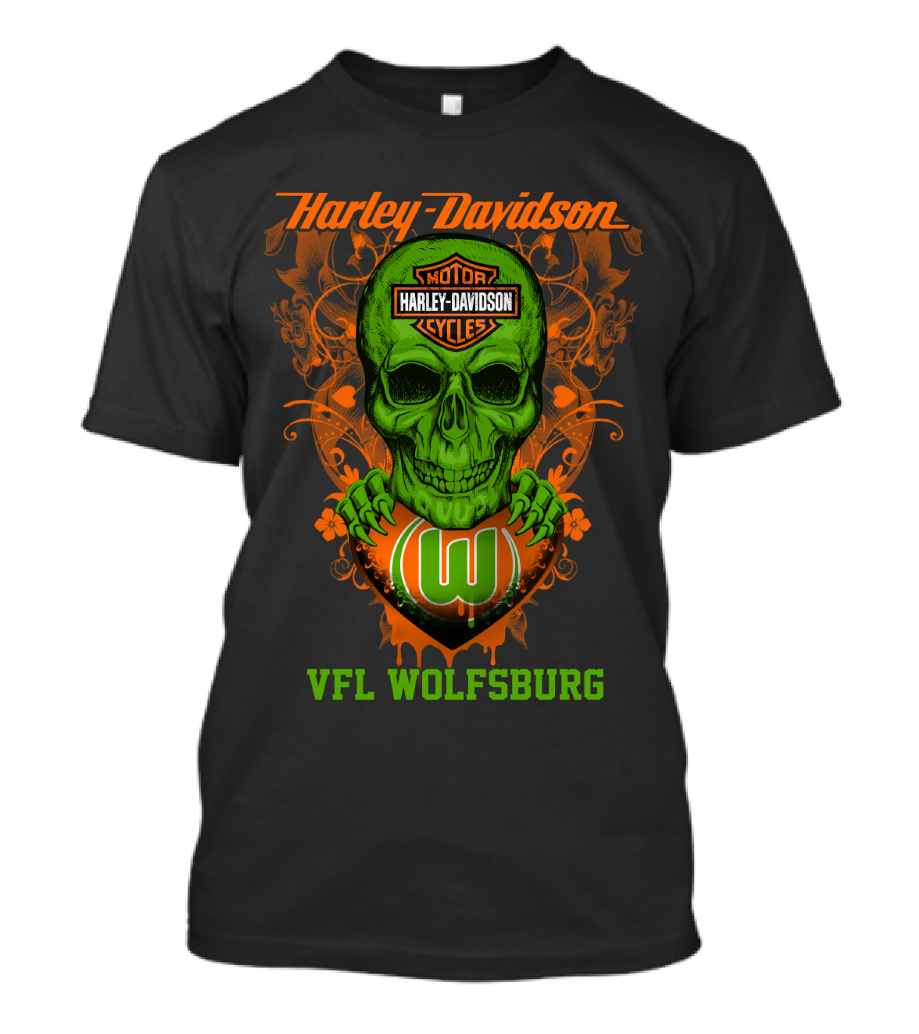 Harley Davidson Motorcycle Vfl Wolfsburg Green Skull T-Shirt
