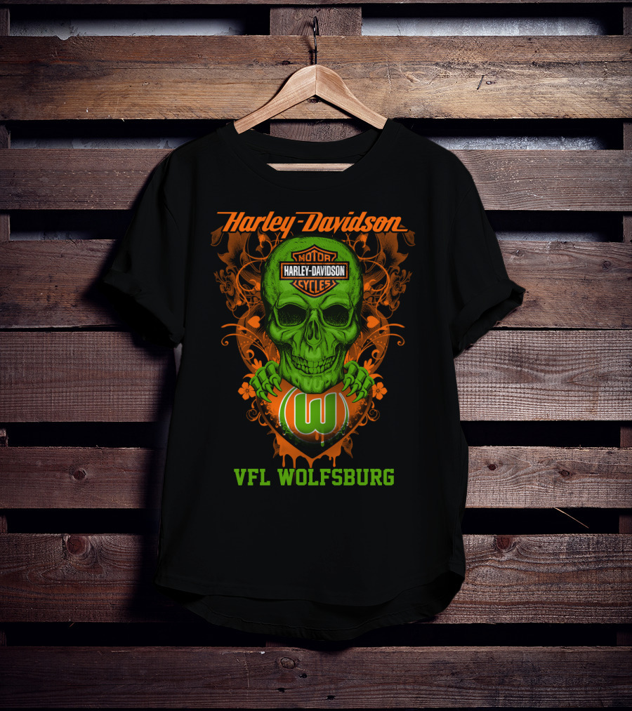 Harley Davidson Motorcycle Vfl Wolfsburg Green Skull T-Shirt
