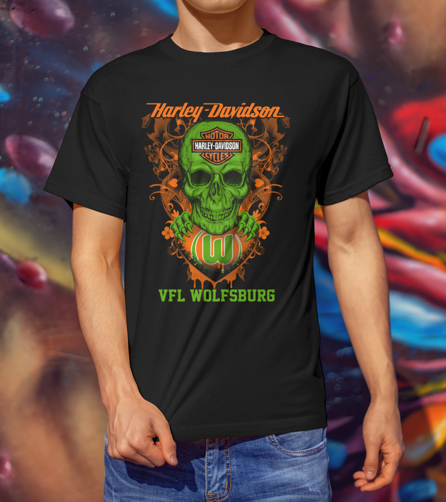 Harley Davidson Motorcycle Vfl Wolfsburg Green Skull T-Shirt