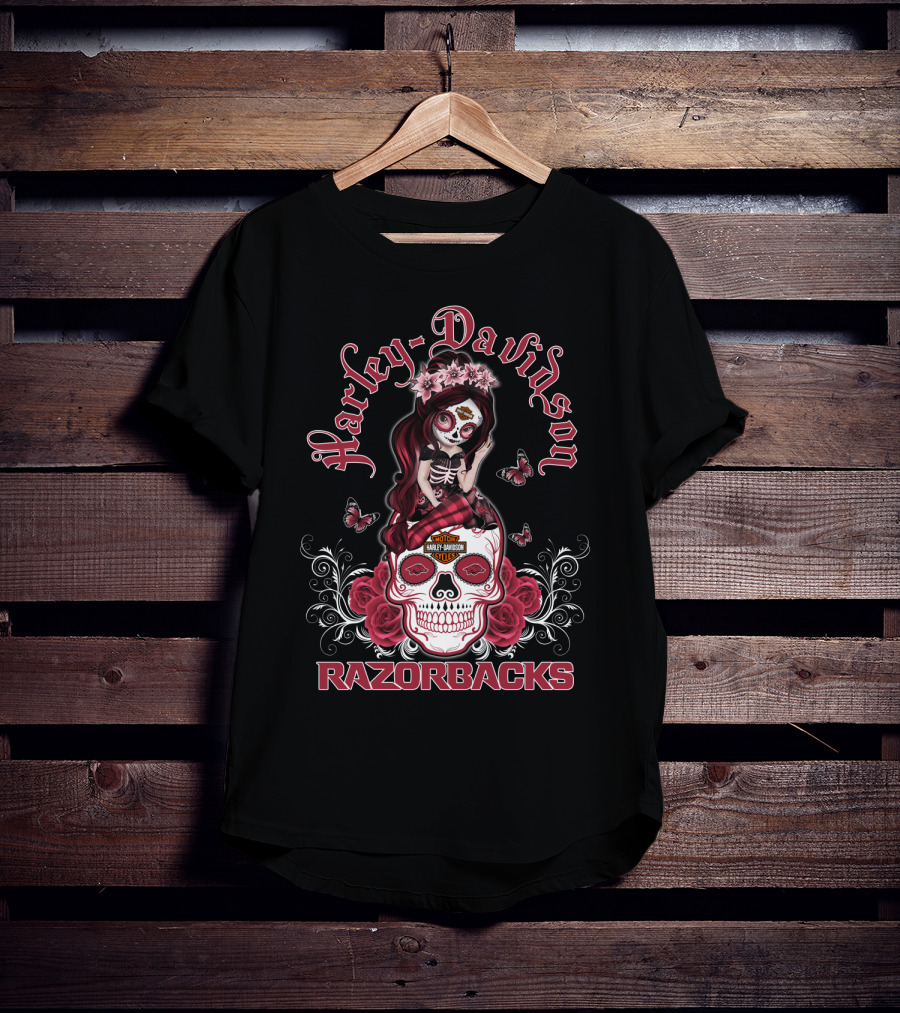 Harley Davidson Razorbacks Arkansas Girl Skull Roses Butterflies T-Shirt