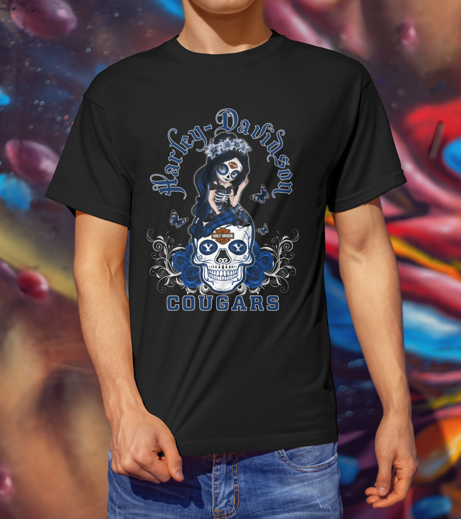 Harley Davidson Byu Cougars Skull Art With Blue Roses And Butterflies T-Shirt