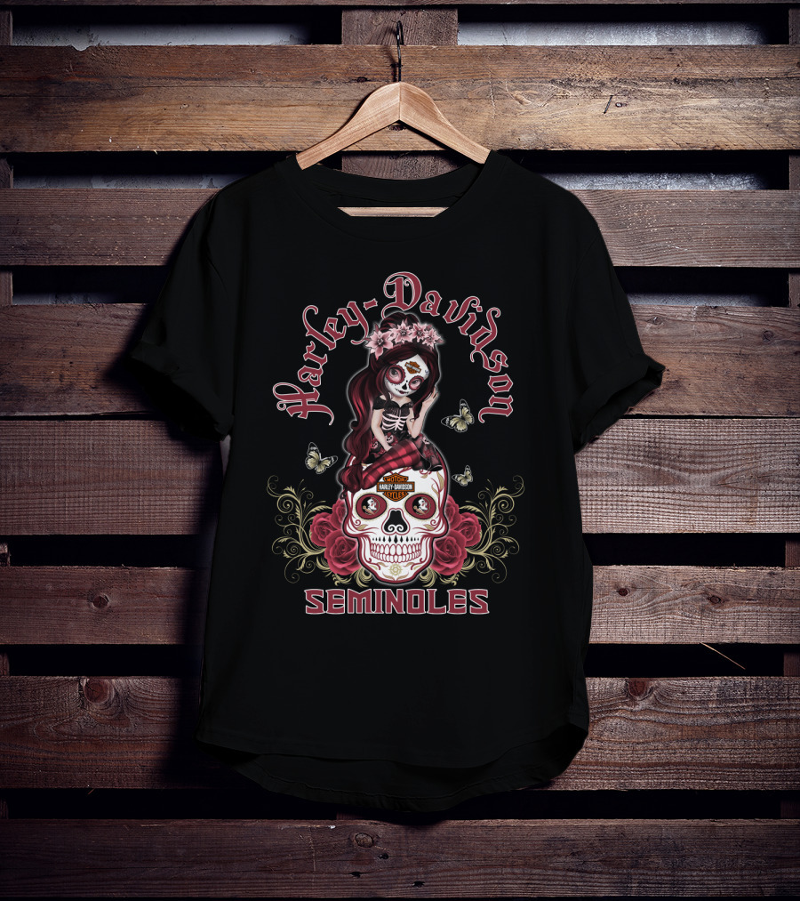 Harley Davidson Seminoles Skull Girl With Roses And Butterflies T-Shirt