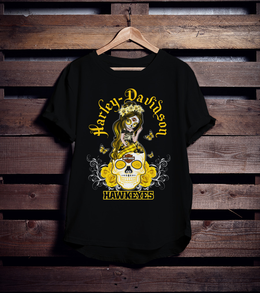Harley Davidson Iowa Hawkeyes Day Of The Dead Girl With Skull And Butterflies T-Shirt
