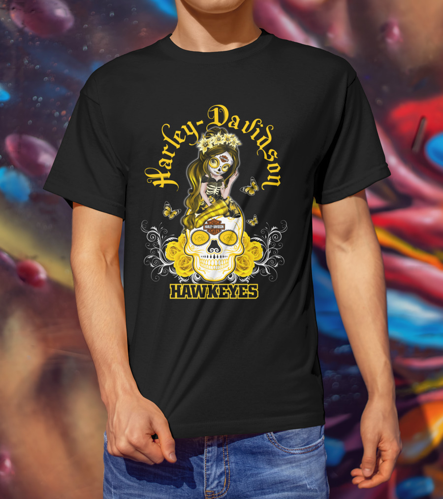 Harley Davidson Iowa Hawkeyes Day Of The Dead Girl With Skull And Butterflies T-Shirt