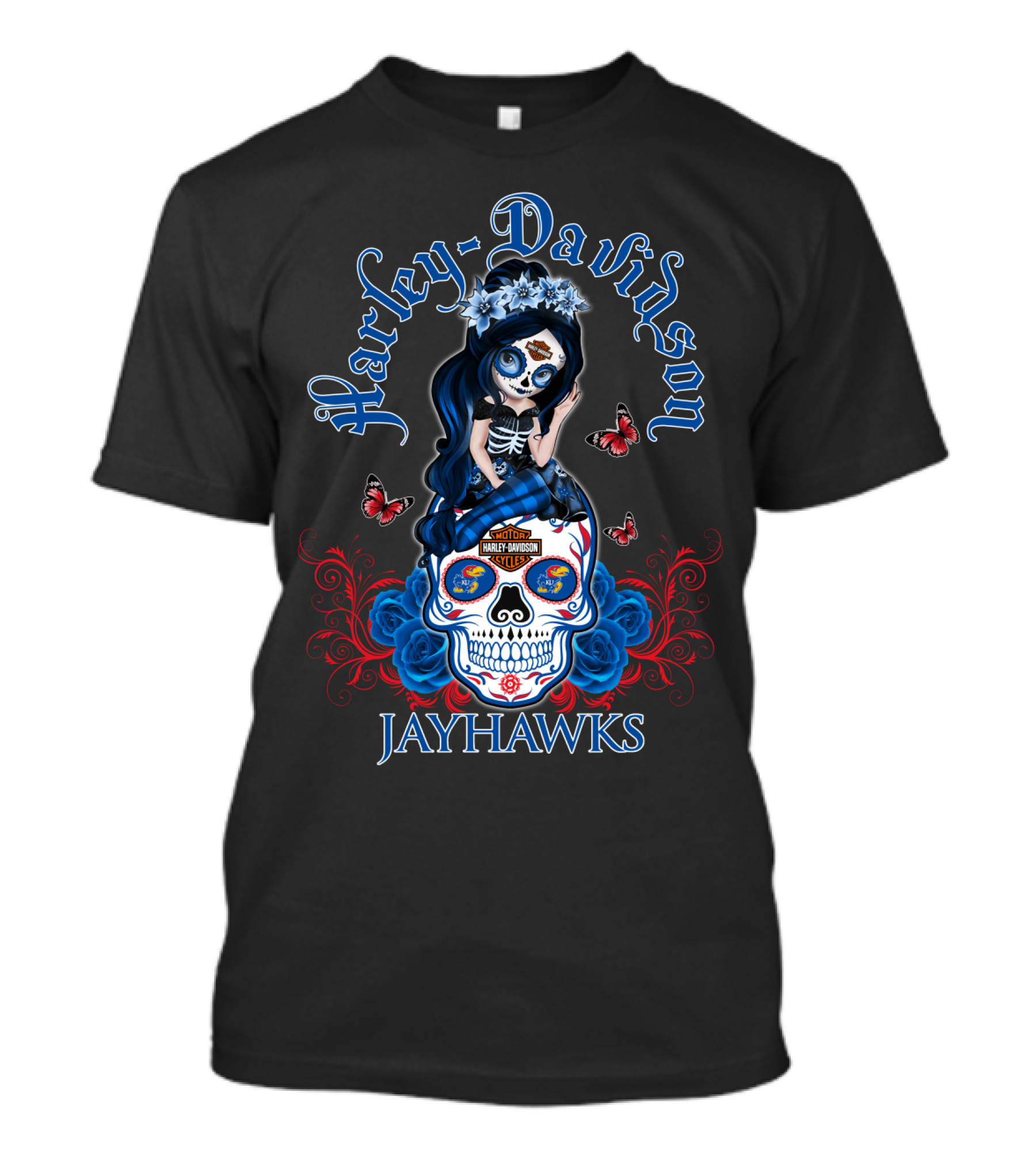 Harley Davidson Jayhawks Motorcycle Style With Day Of The Dead Skull And Butterflies T-Shirt