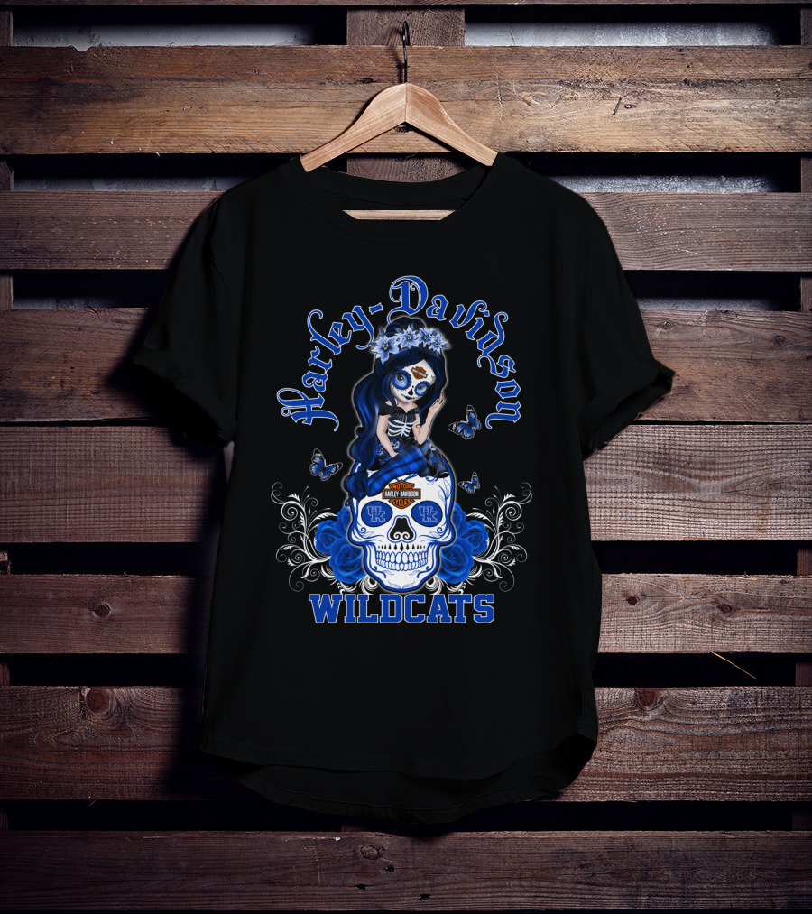 Harley Davidson Kentucky Wildcats Skull Girl With Blue Roses And Butterflies T-Shirt