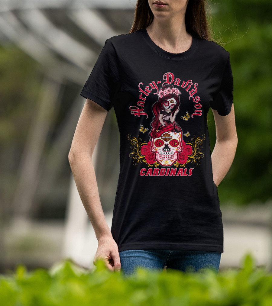 Harley Davidson Girl Louisville Cardinals Skull Rose Butterflies T-Shirt