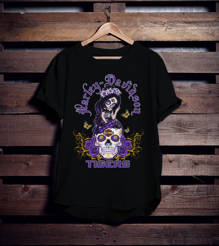 Harley Davidson Lsu Tigers Skull With Purple Flowers And Butterflies T-Shirt