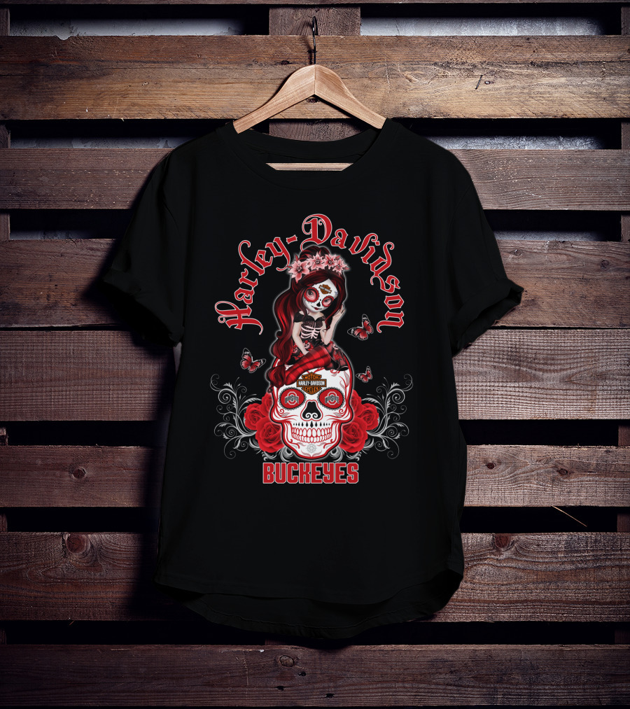 Harley Davidson Buckeyes Ohio State Skull Design Girl With Roses And Butterflies T-Shirt