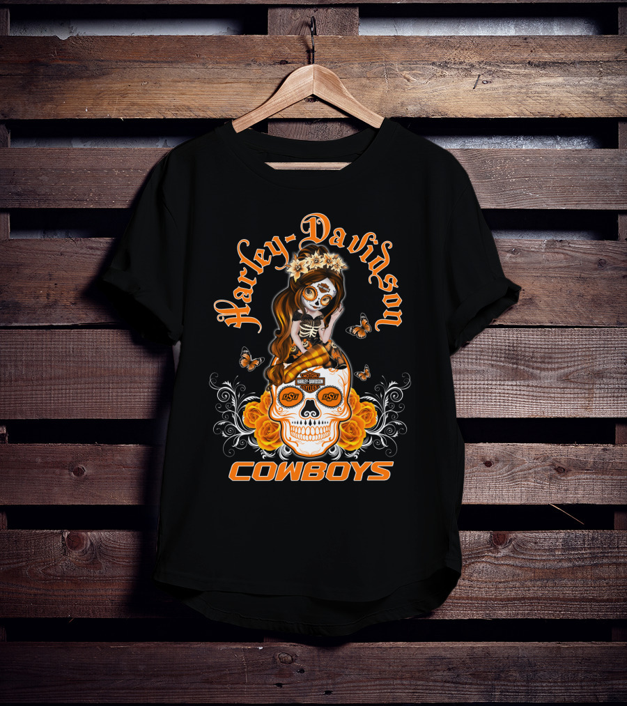 Harley Davidson Osu Cowboys Sugar Skull Roses Butterfly T-Shirt