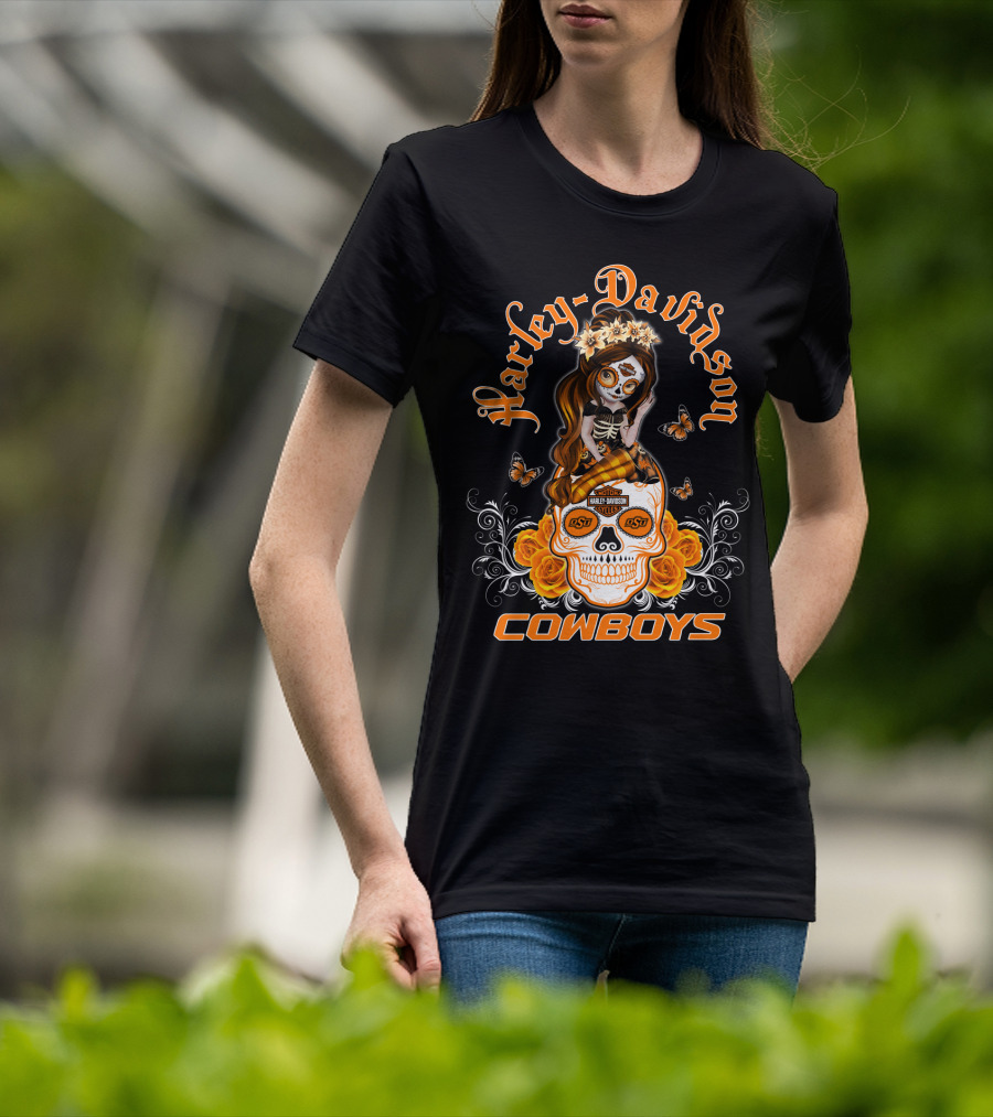Harley Davidson Osu Cowboys Sugar Skull Roses Butterfly T-Shirt