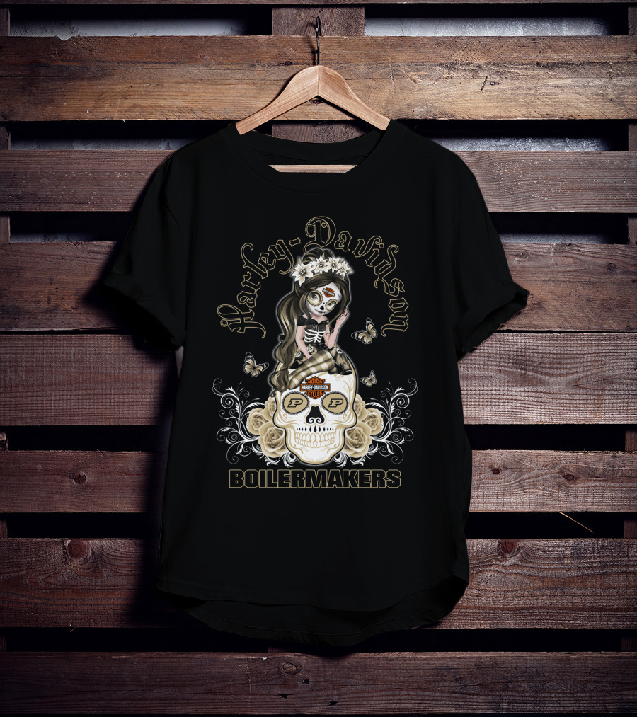Harley Davidson Motor Cycles Boilermakers Purdue P Skull Roses Butterflies T-Shirt