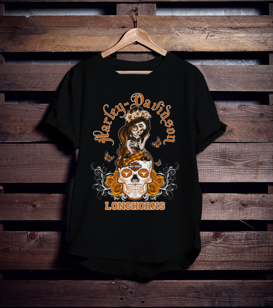Harley Davidson Longhorns Texas Girl Skull Floral Motif T-Shirt