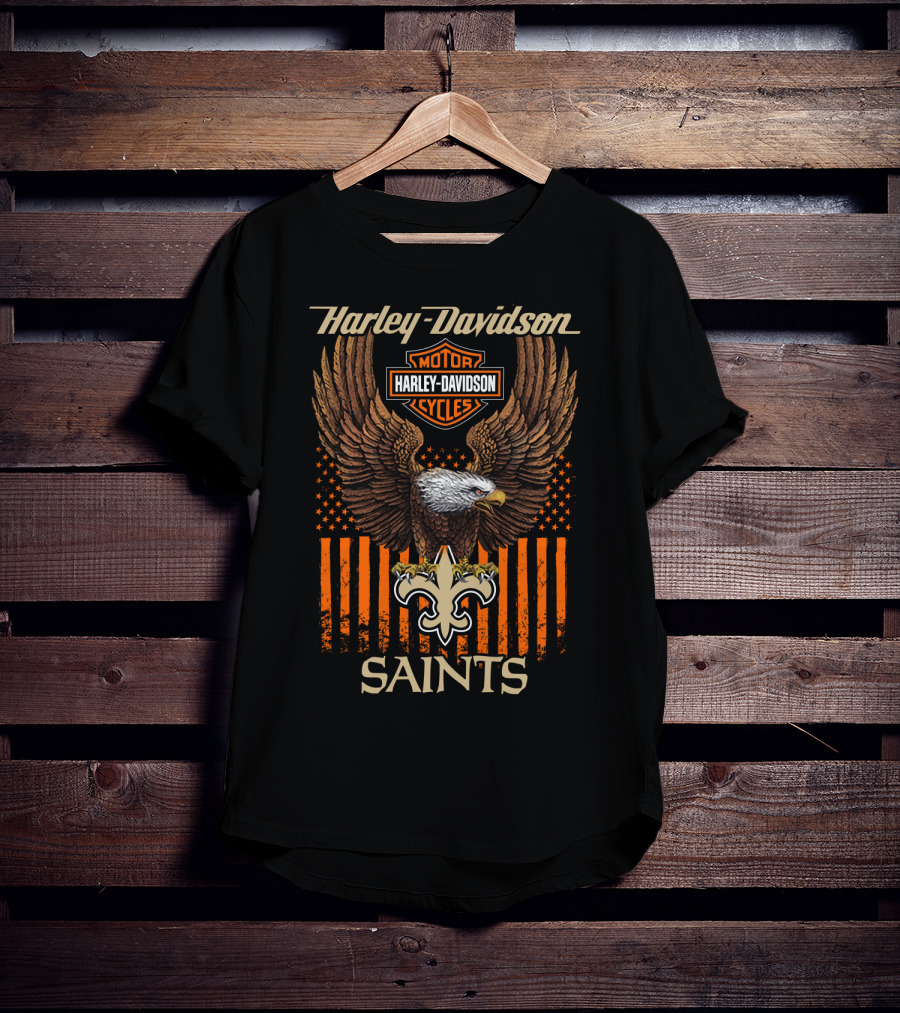 Harley Davidson Motor Cycles New Orleans Saints Eagle Fleur-De-Lis T-Shirt