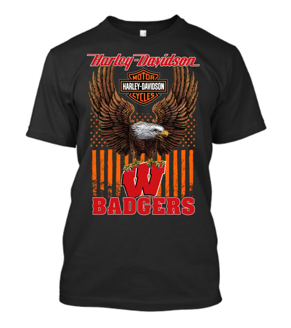 Harley Davidson Motor Cycles Wisconsin Badgers Eagle Stars And Stripes T-Shirt