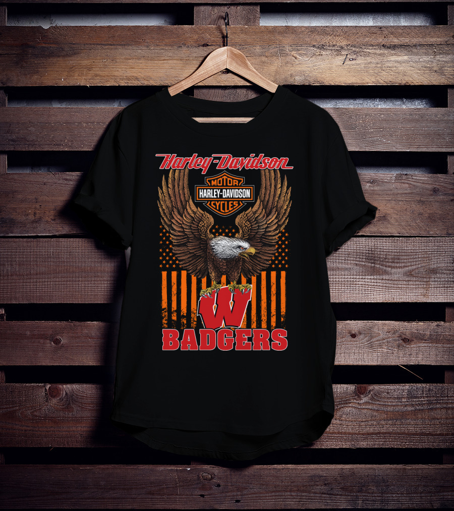 Harley Davidson Motor Cycles Wisconsin Badgers Eagle Stars And Stripes T-Shirt