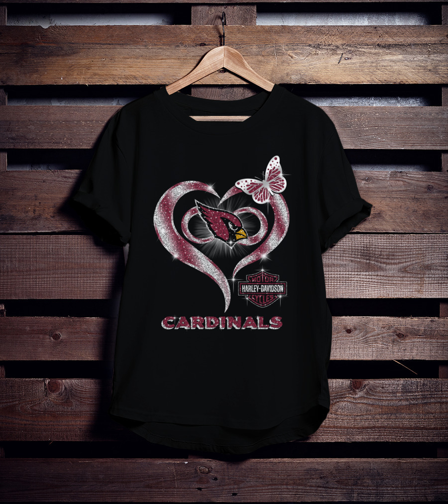 Arizona Cardinals Harley Davidson Logo Heart And Butterfly Sparkle T-Shirt