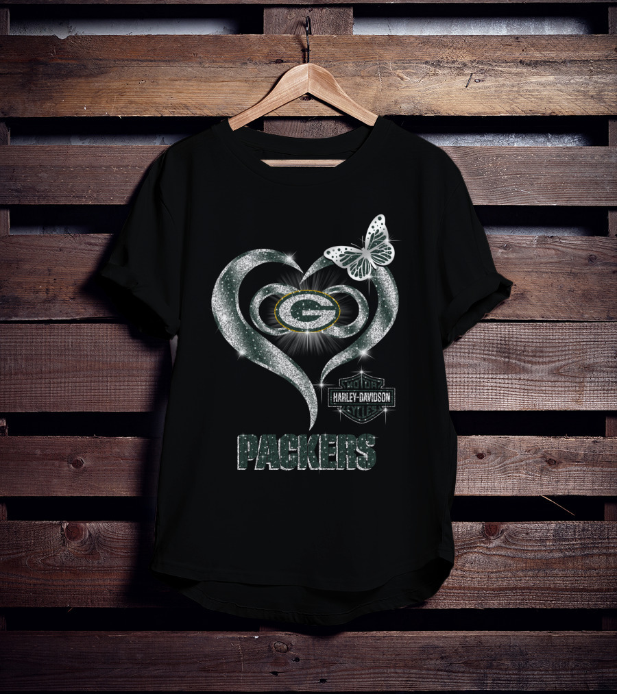 Green Bay Packers Harley Davidson Heart Butterfly T-Shirt