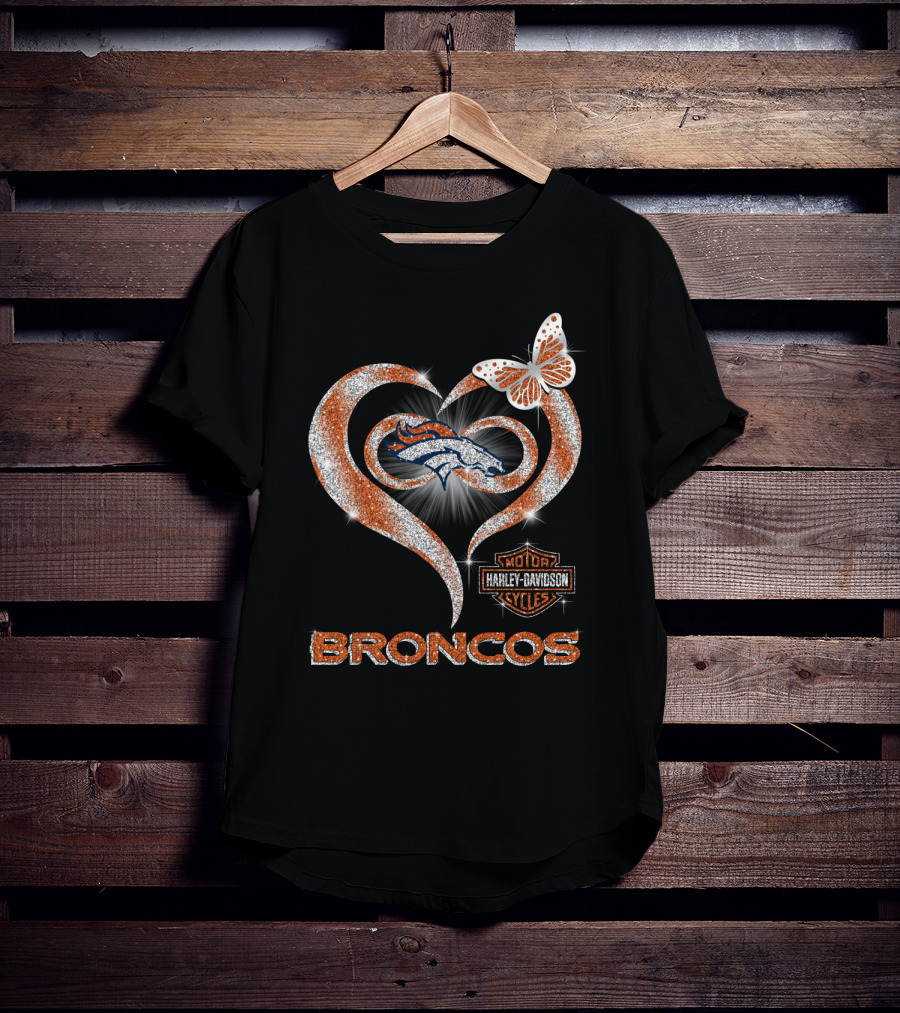 Denver Broncos Heart Harley Davidson Butterfly T-Shirt