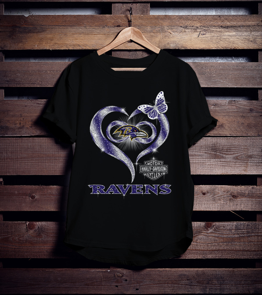 Baltimore Ravens Heart Harley Davidson Butterfly T-Shirt