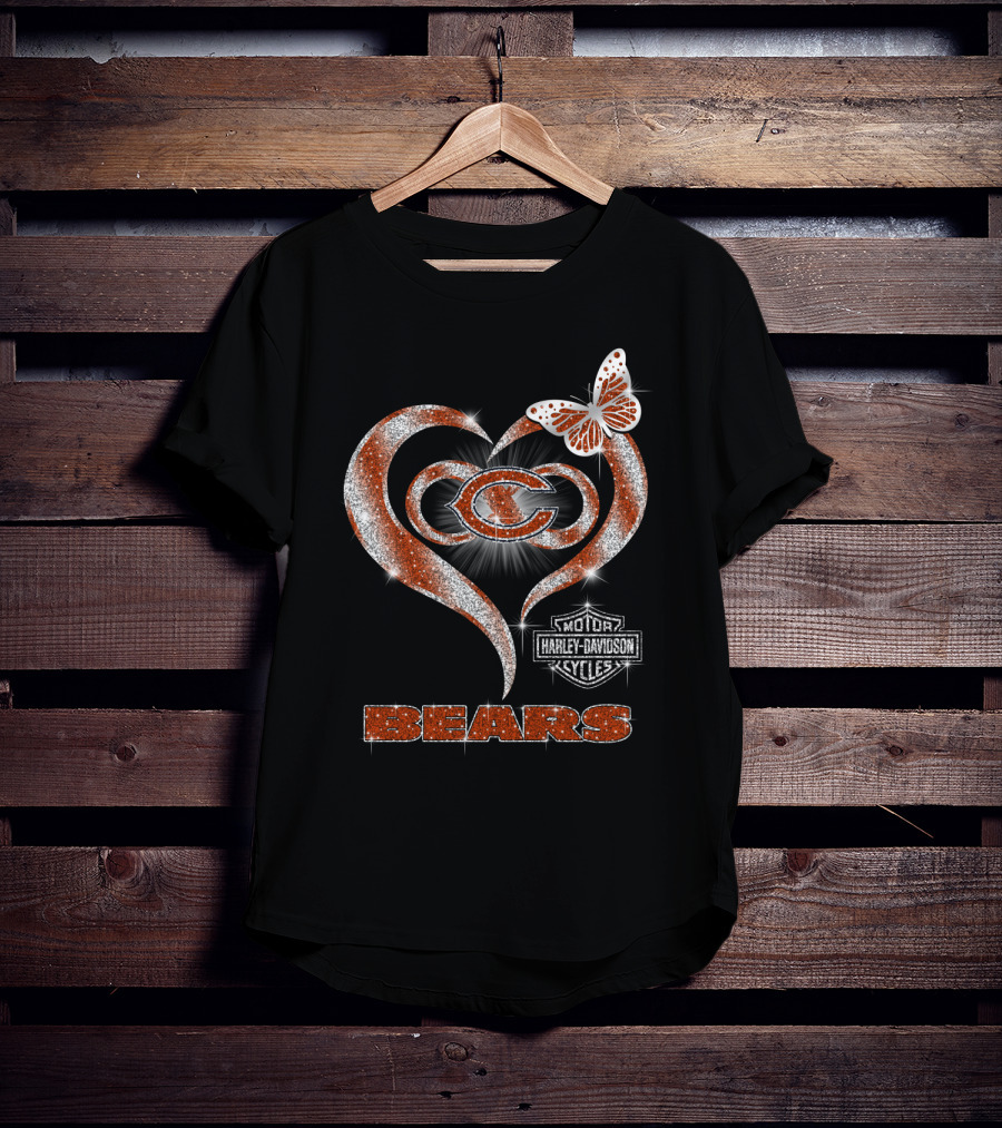 Hlh01 Chicago Bears Heart Butterfly Harley Davidson Cycles T-Shirt