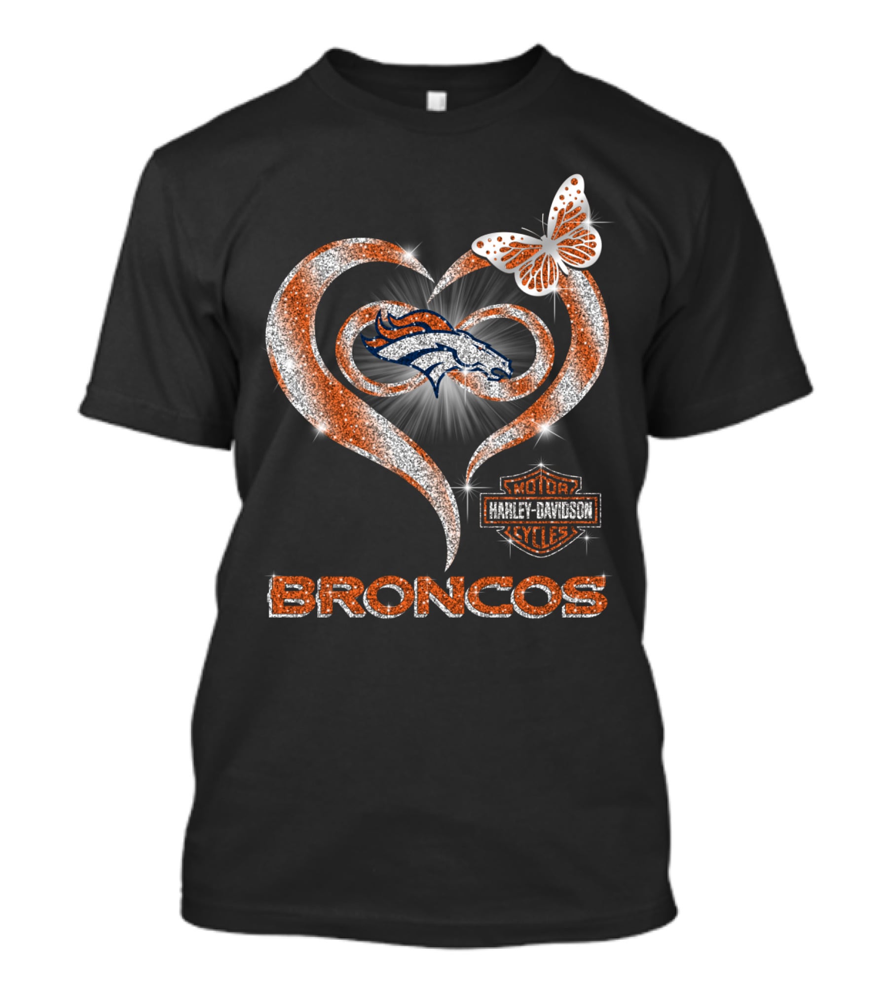Hlh01 Denver Broncos Harley Davidson Heart Butterfly Sparkle T-Shirt