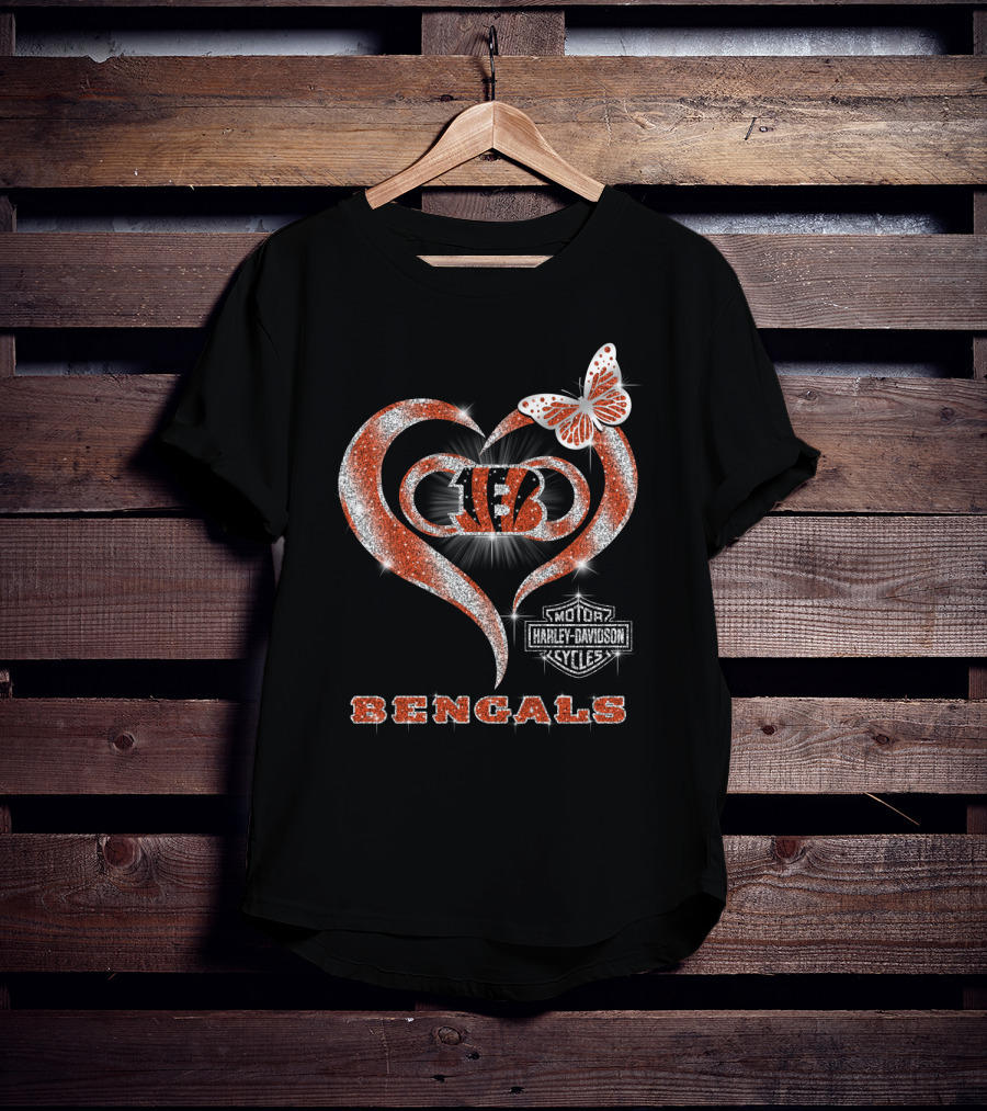 Cincinnati Bengals Heart Harley Davidson Butterfly T-Shirt