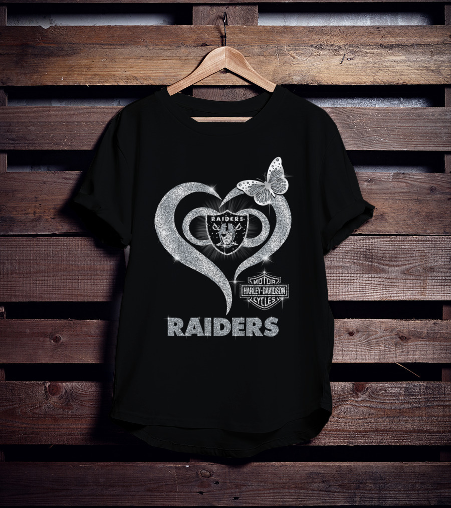 Hlh01 Raiders Harley Davidson Cycles Silver Butterfly Heart T-Shirt