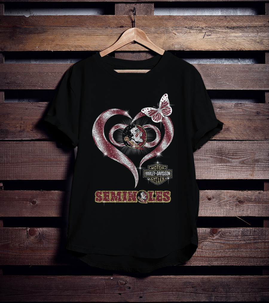 Seminoles Heart With Harley Davidson And Butterfly Motif T-Shirt
