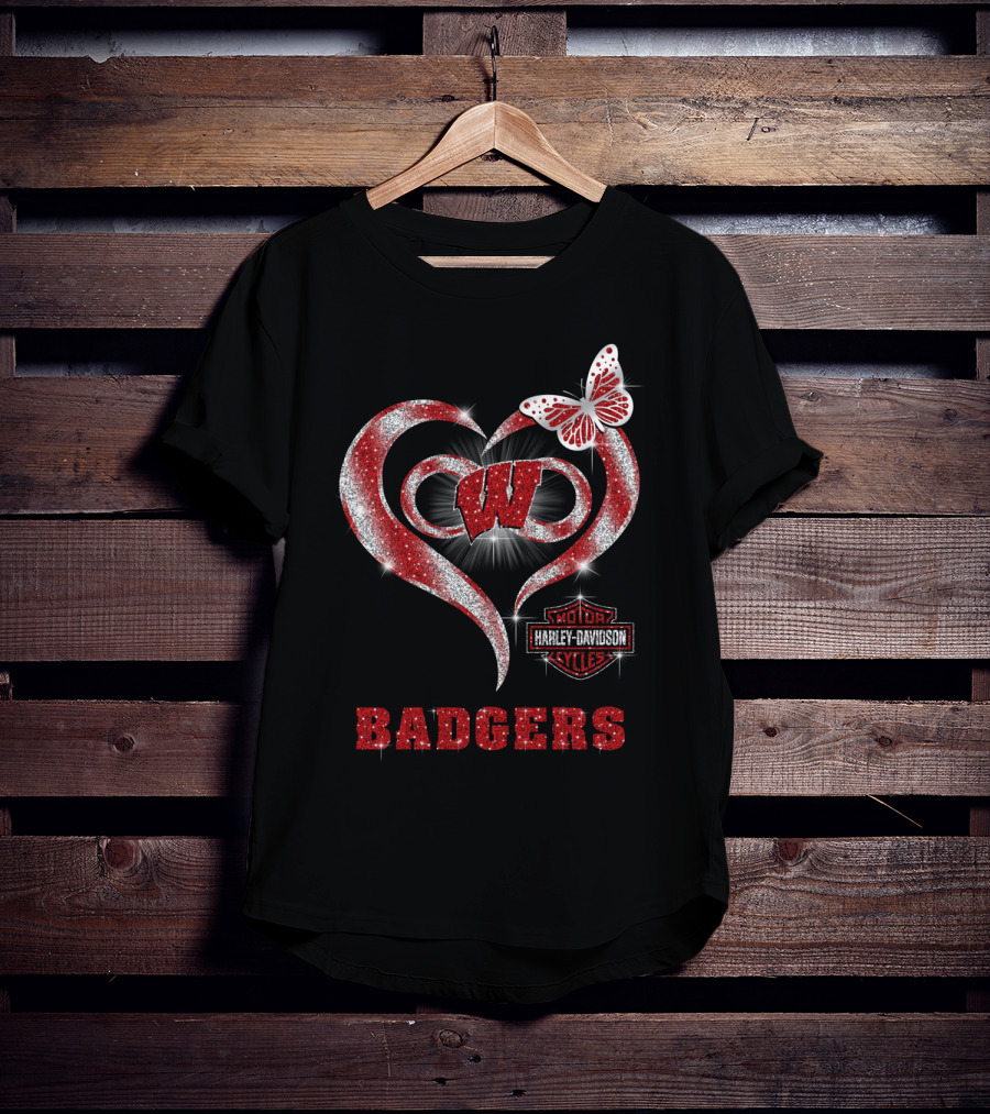Wisconsin Badgers W Heart Harley Davidson Styles Butterfly T-Shirt