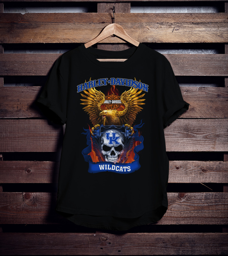 Harley Davidson Motor Cycles Kentucky Wildcats Skull Eagle Flames T-Shirt