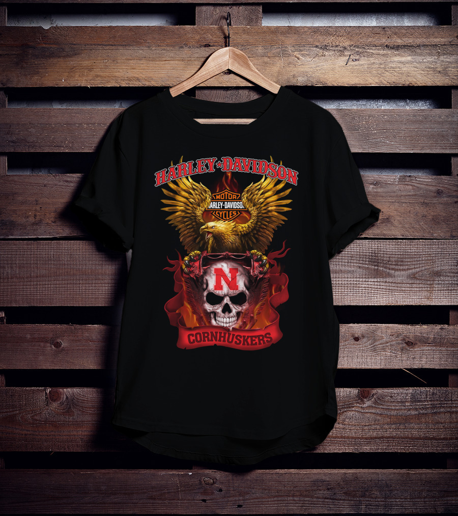 Harley Davidson Cornhuskers Nebraska Motorcycle Skull Eagle T-Shirt