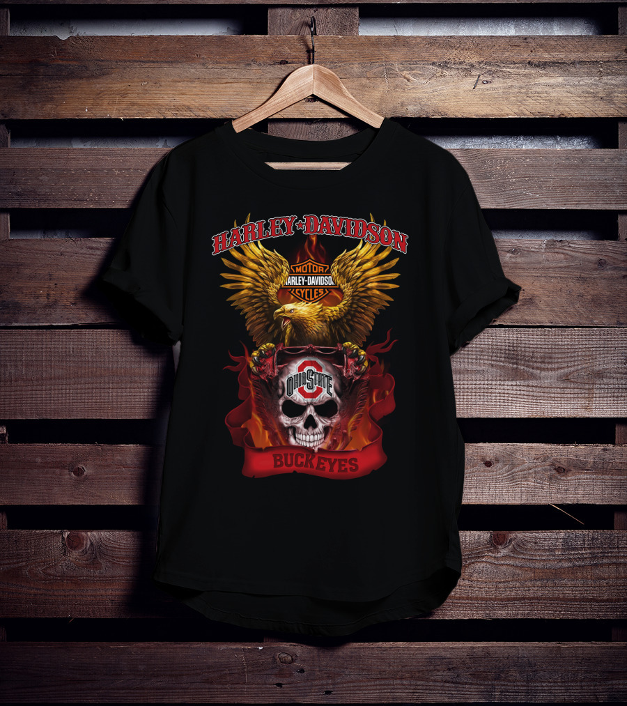 Harley Davidson Ohio State Buckeyes Skull And Eagle Motif T-Shirt