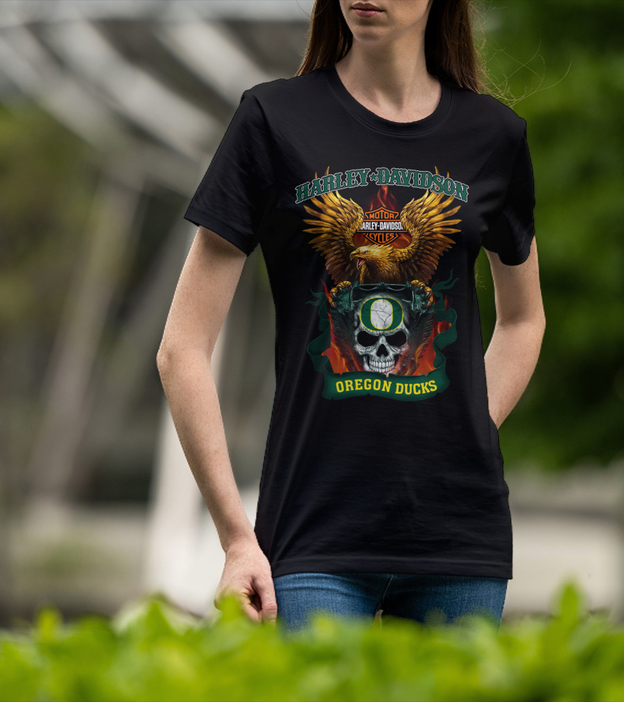 Harley Davidson Oregon Ducks Skull And Eagle T-Shirt