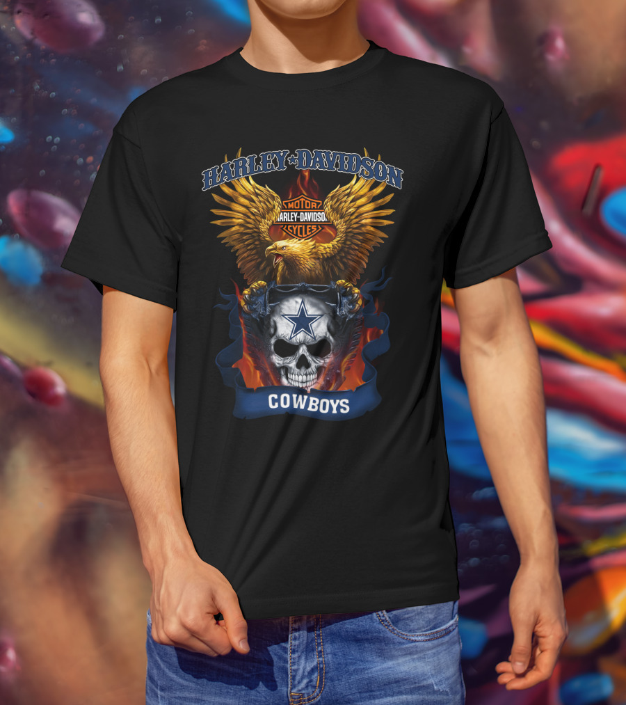 Harley Davidson Motor Cycles Eagle Skull Star Cowboys T-Shirt