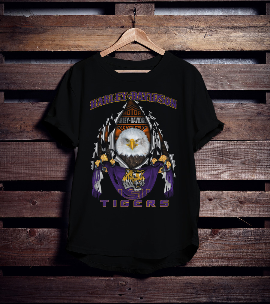 Harley Davidson Lsu Tigers Bald Eagle Rip Claw Effect T-Shirt