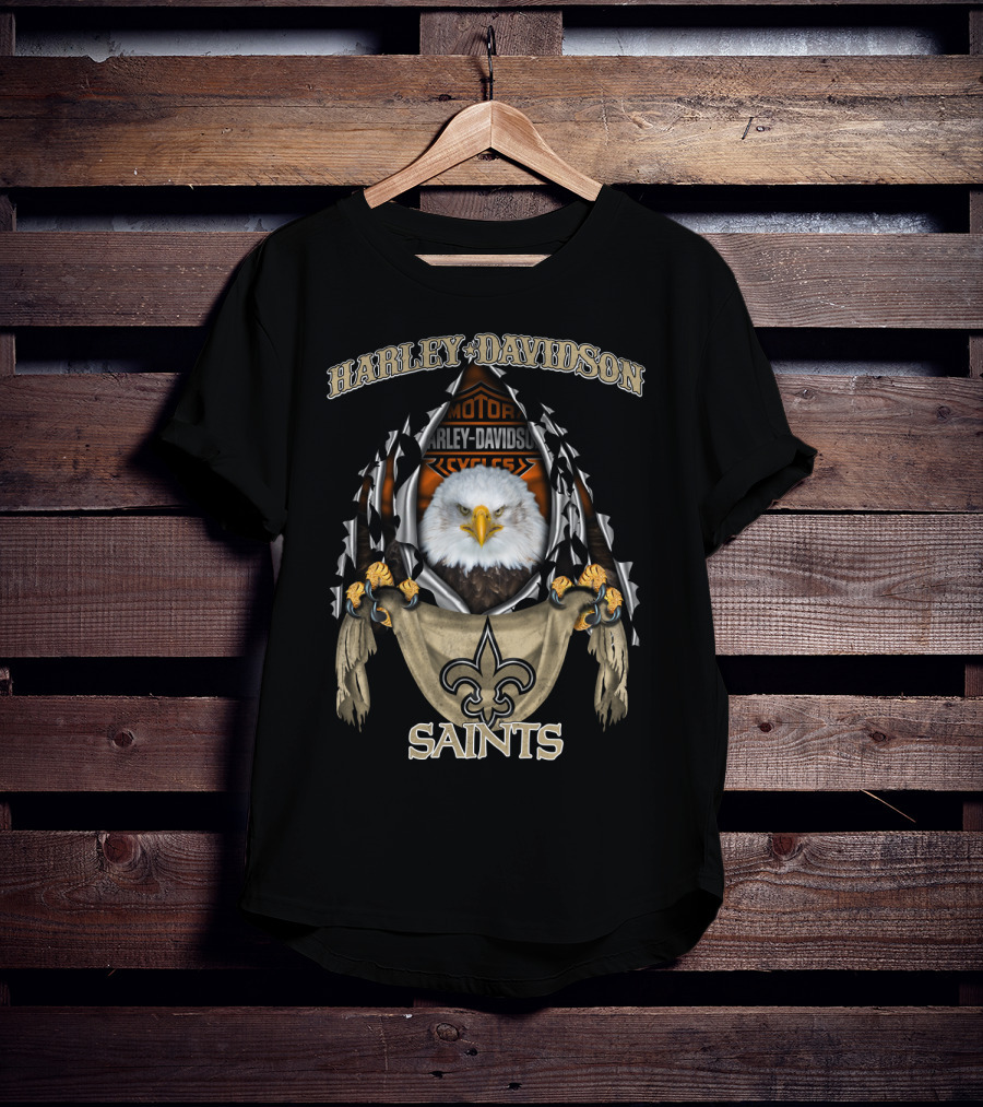 Harley Davidson Saints Fleur-De-Lis With Eagle And Motorcycle T-Shirt