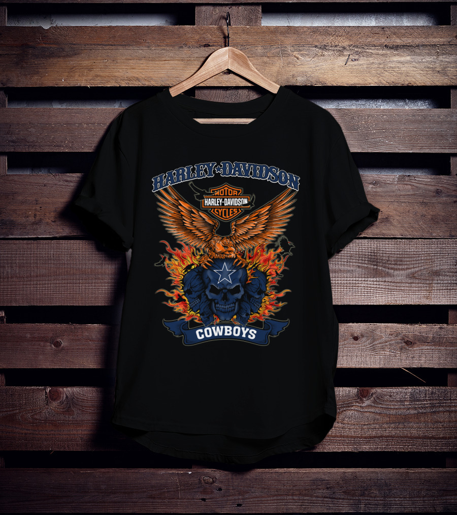 Harley Davidson Motorcycles Cowboys Skull Flames Eagle T-Shirt