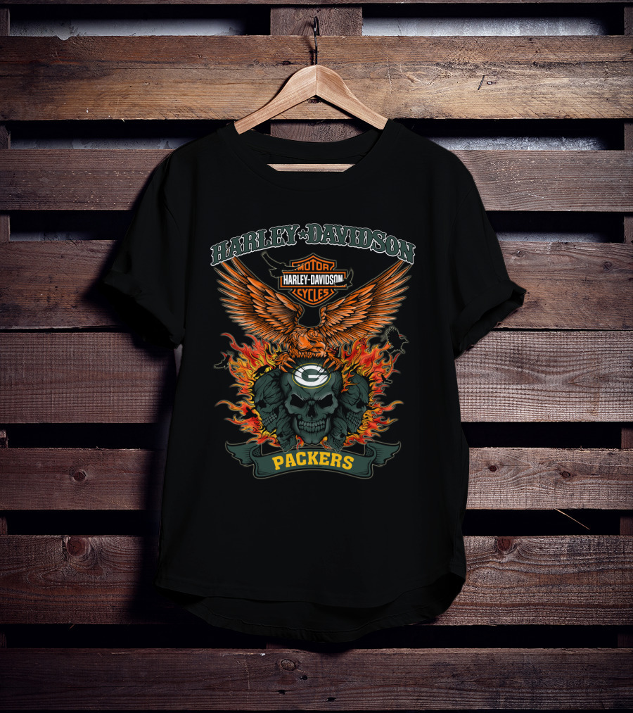 Harley Davidson Motor Cycles Packers Eagle And Skull Fire 0304 Nfl Green Bay T-Shirt