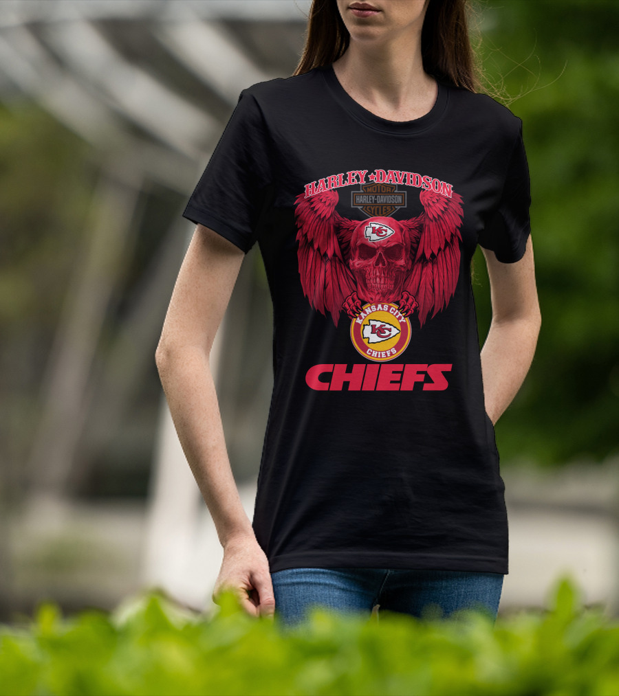 Harley Davidson Kansas City Chiefs Skull Wings T-Shirt