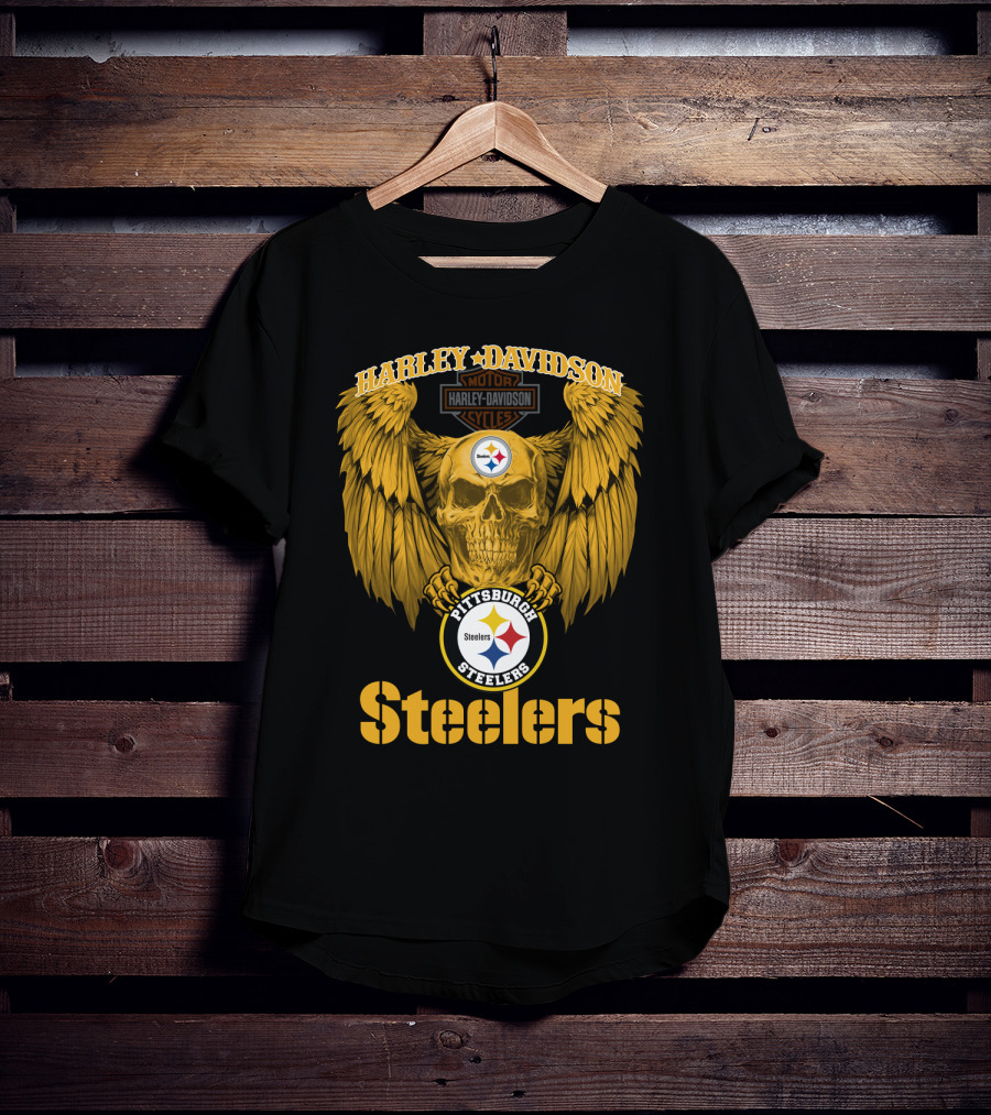 Harley Davidson Pittsburgh Steelers Skull Motor Cycles Winged T-Shirt